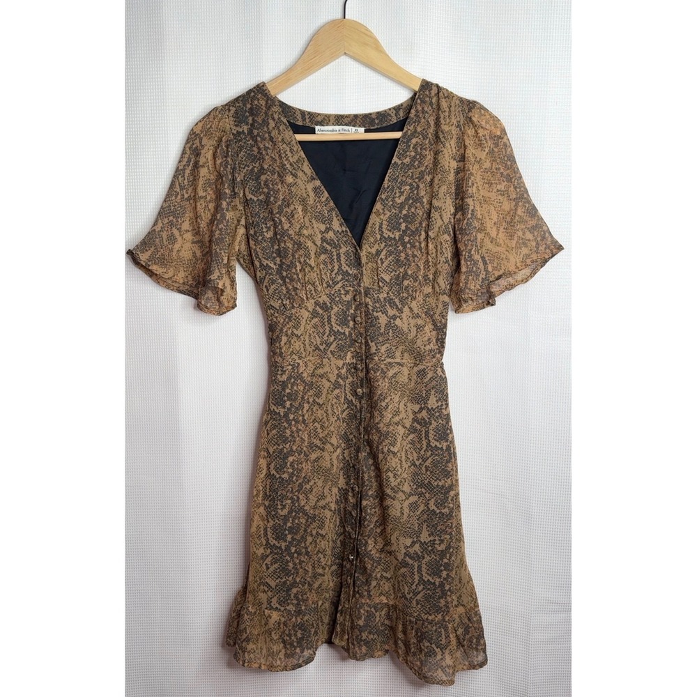 Abercrombie & Fitch Snakeskin Button Front Ruffle Mini Dress Brown XS